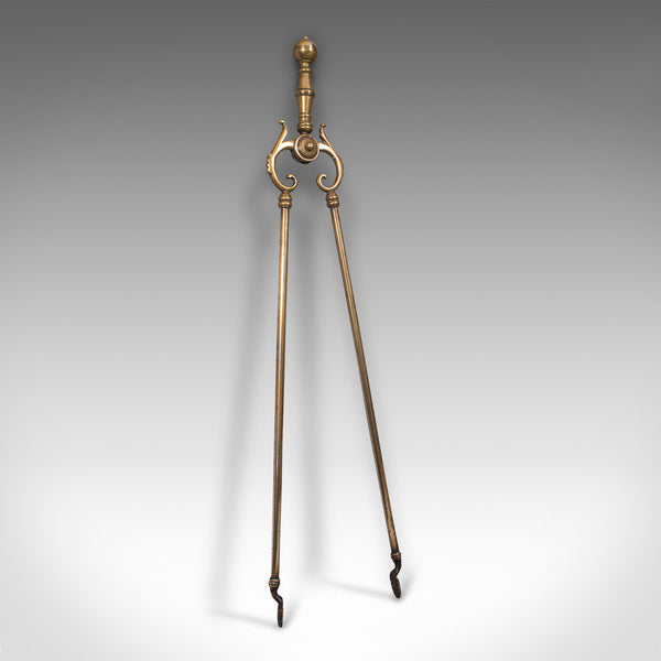 Set of Antique Fire Tools, English, Brass, Tongs, Shovel, Poker, Victorian, 1880