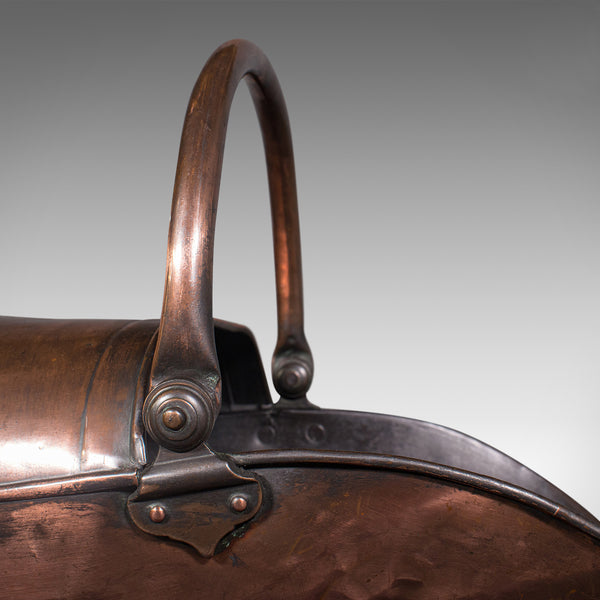 Antique Helmet Scuttle, English, Copper, Fireside Coal Bucket, Victorian, C.1850