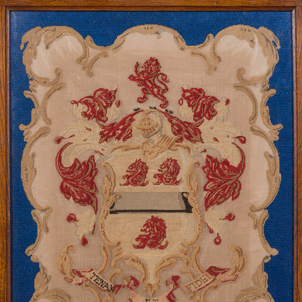 Antique Framed Coat of Arms, English, Needlepoint Tapestry, Oak, Victorian, 1900
