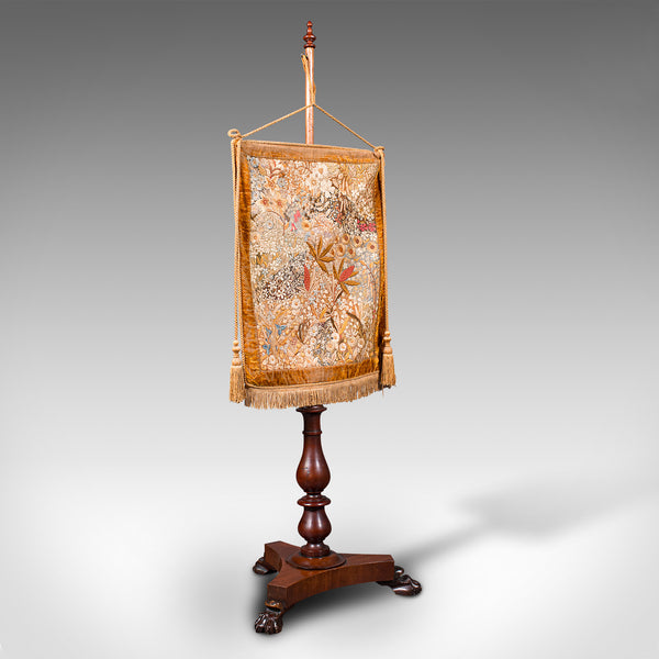 Antique Pendant Pole Screen, English, Fireside Tapestry Stand, William IV, 1835