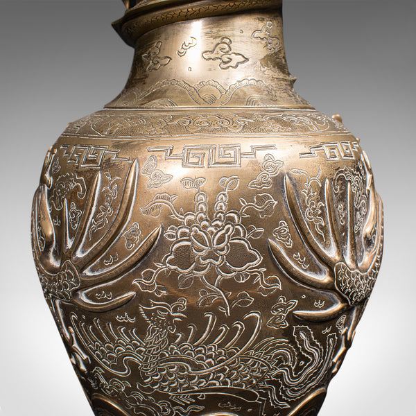 Pair Of Tall Antique Dragon Vases, Chinese, Brass, Decorative, Oriental Taste