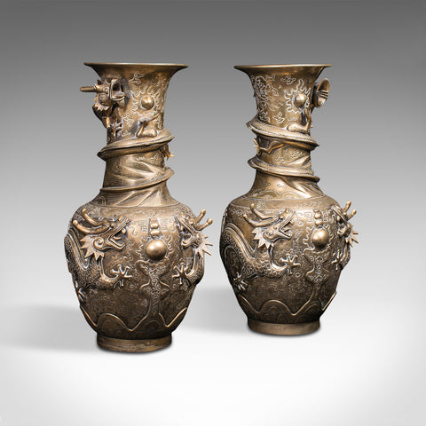 Pair Of Tall Antique Dragon Vases, Chinese, Brass, Decorative, Oriental Taste