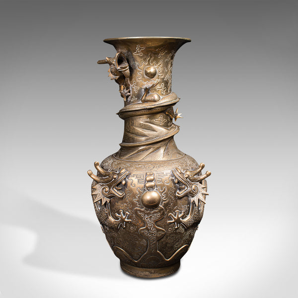 Pair Of Tall Antique Dragon Vases, Chinese, Brass, Decorative, Oriental Taste