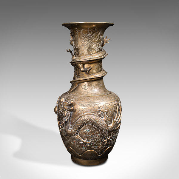 Pair Of Tall Antique Dragon Vases, Chinese, Brass, Decorative, Oriental Taste