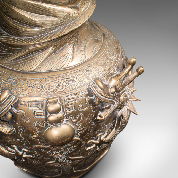 Pair Of Tall Antique Dragon Vases, Chinese, Brass, Decorative, Oriental Taste