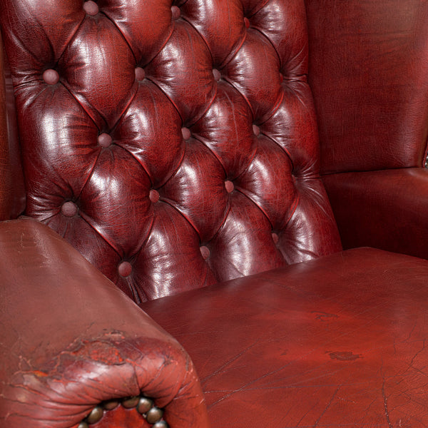 Pair Of Vintage Clubhouse Wingback Chairs, English, Leather, Armchair, C.1950