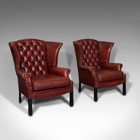Pair Of Vintage Clubhouse Wingback Chairs, English, Leather, Armchair, C.1950