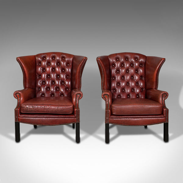 Pair Of Vintage Clubhouse Wingback Chairs, English, Leather, Armchair, C.1950