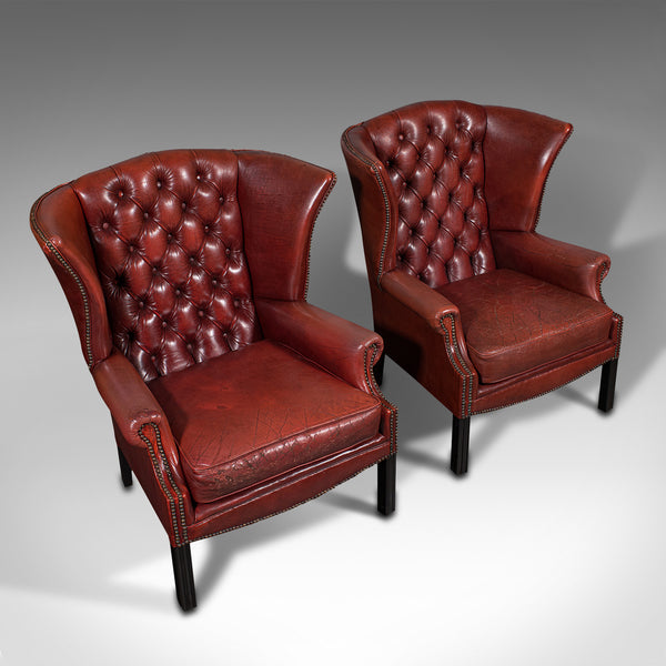 Pair Of Vintage Clubhouse Wingback Chairs, English, Leather, Armchair, C.1950