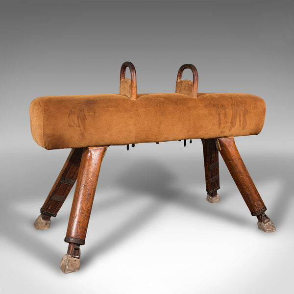 Vintage Pommel Horse, English, Suede, Pine, Gymnasium Vaulting Apparatus, C.1930