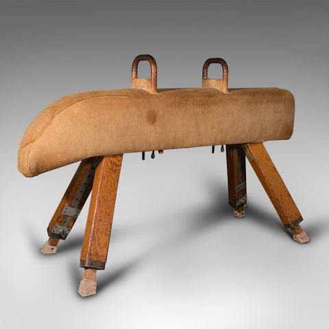 Vintage Gymnastic Pommel Horse, English, Suede, Pine, Athletic, Vaulting, C.1960