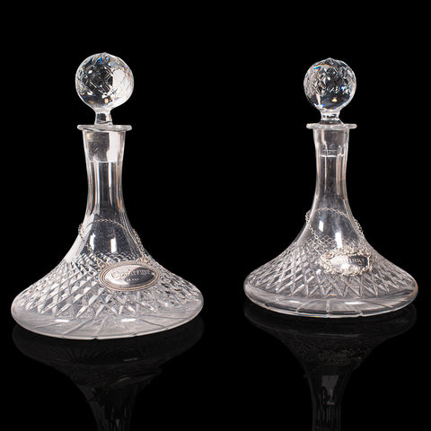 Pair Of Vintage Decanters, English Glass, Spirit Vessel, Silver Labels, Hallmark