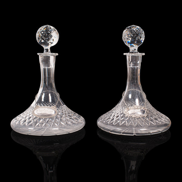 Pair Of Vintage Decanters, English Glass, Spirit Vessel, Silver Labels, Hallmark