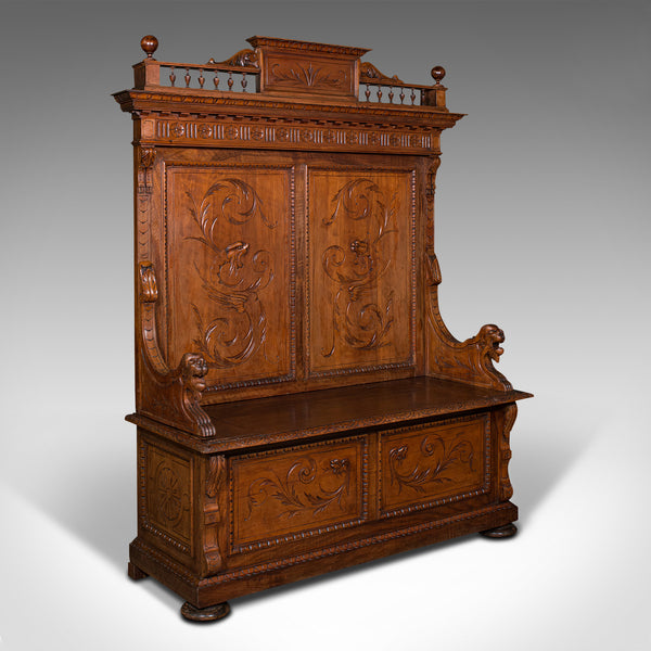 Large Antique Hall Settle, Italian, Pine, Walnut, Bench, Pew, Victorian, C.1850