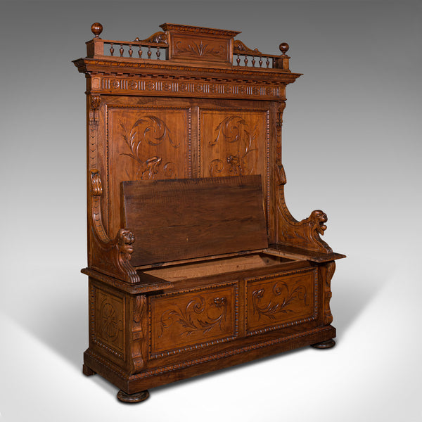 Large Antique Hall Settle, Italian, Pine, Walnut, Bench, Pew, Victorian, C.1850