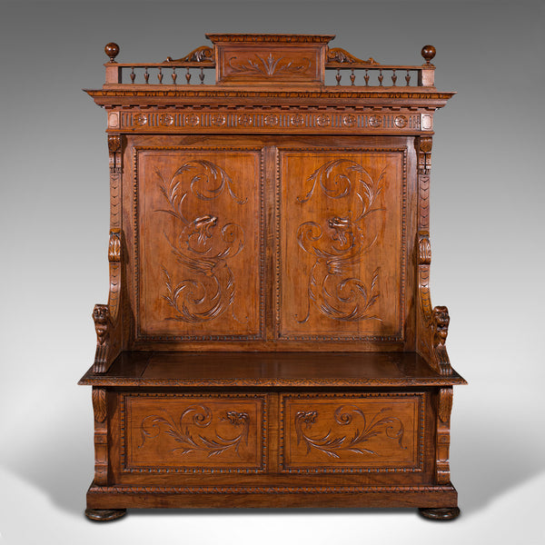 Large Antique Hall Settle, Italian, Pine, Walnut, Bench, Pew, Victorian, C.1850