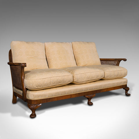 Antique Bergere Sofa, English, Walnut, Cane, 3 Seat, Settee, Art Deco, Edwardian