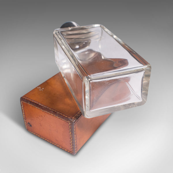 Antique Desk Flask, English, Glass, Leather, Drinking Bottle, Edwardian, Travel