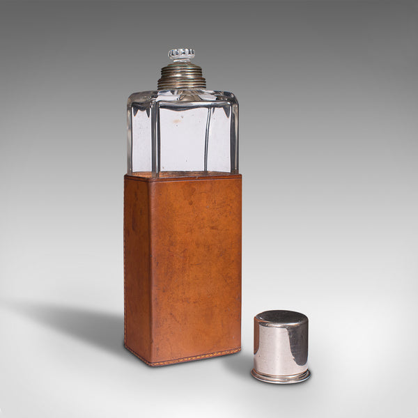 Antique Desk Flask, English, Glass, Leather, Drinking Bottle, Edwardian, Travel