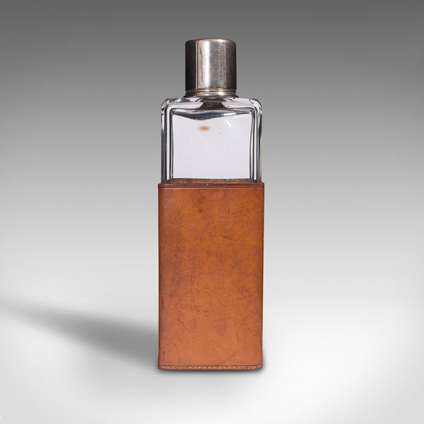 Antique Desk Flask, English, Glass, Leather, Drinking Bottle, Edwardian, Travel
