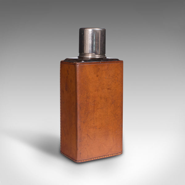 Antique Desk Flask, English, Glass, Leather, Drinking Bottle, Edwardian, Travel