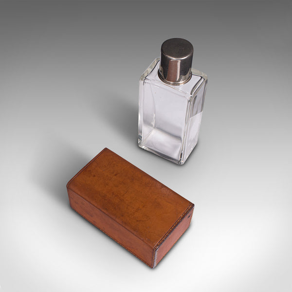 Antique Desk Flask, English, Glass, Leather, Drinking Bottle, Edwardian, Travel