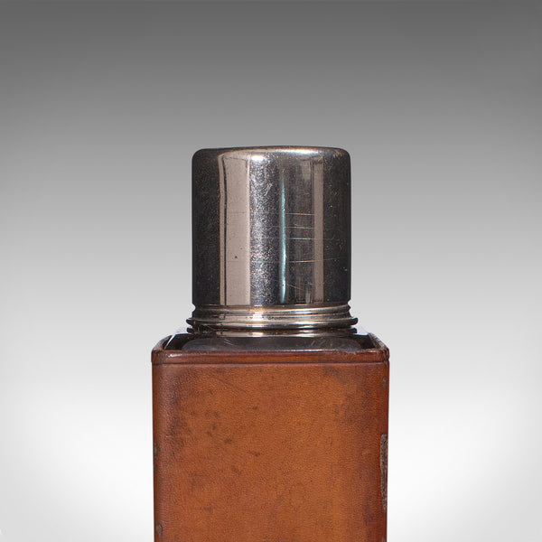 Antique Desk Flask, English, Glass, Leather, Drinking Bottle, Edwardian, Travel