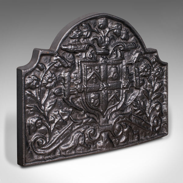 Antique Decorative Fireback, English, Cast Iron, Fireplace, Heraldic, Victorian