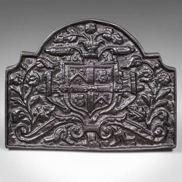 Antique Decorative Fireback, English, Cast Iron, Fireplace, Heraldic, Victorian