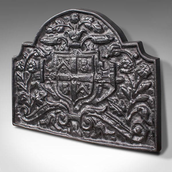 Antique Decorative Fireback, English, Cast Iron, Fireplace, Heraldic, Victorian