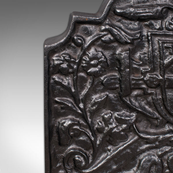 Antique Decorative Fireback, English, Cast Iron, Fireplace, Heraldic, Victorian