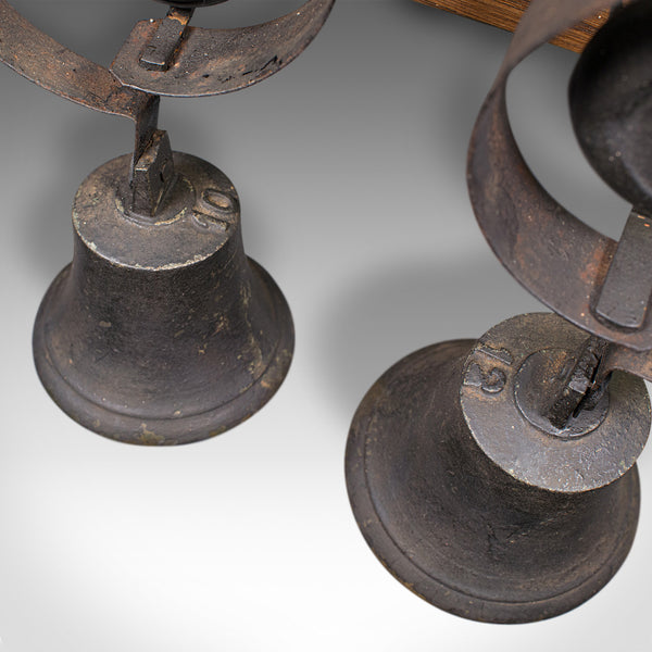 Set Of Antique Servant's Bells, English, Cast Iron, Oak, Butler, Victorian, 1860