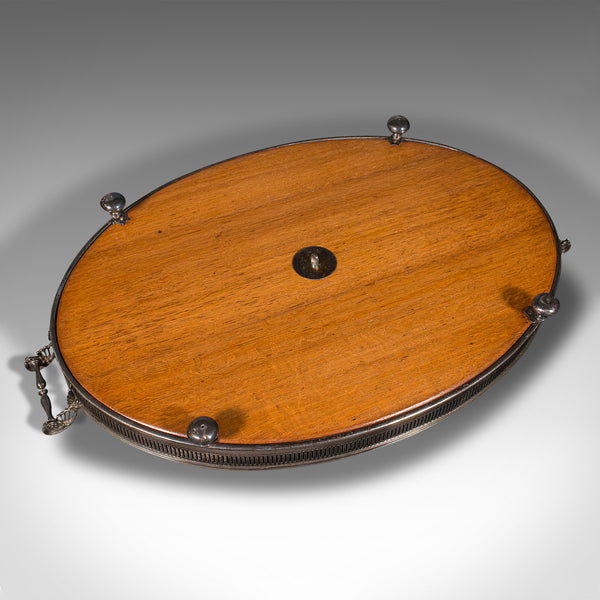 Antique Oval Serving Tray, English, Oak, Silver Plate, Tea Platter, Edwardian