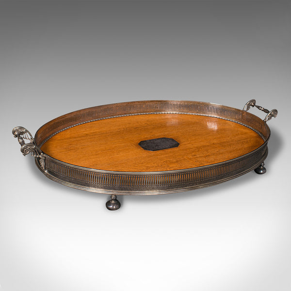 Antique Oval Serving Tray, English, Oak, Silver Plate, Tea Platter, Edwardian