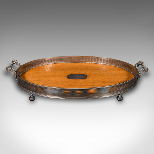 Antique Oval Serving Tray, English, Oak, Silver Plate, Tea Platter, Edwardian
