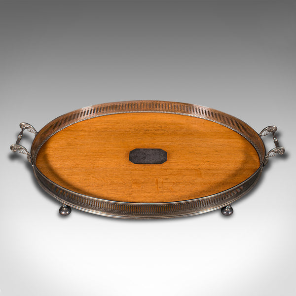 Antique Oval Serving Tray, English, Oak, Silver Plate, Tea Platter, Edwardian