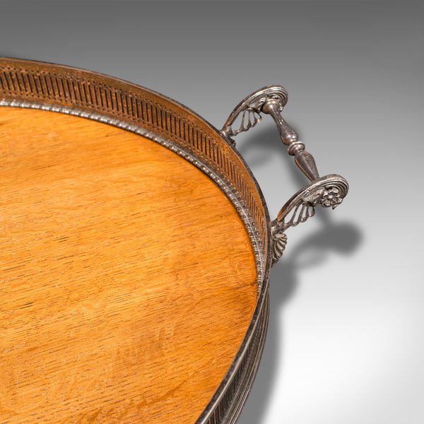 Antique Oval Serving Tray, English, Oak, Silver Plate, Tea Platter, Edwardian