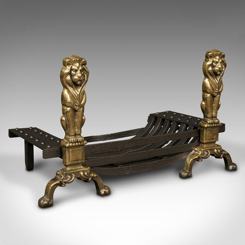 Antique Decorative Fire Basket, English, Cast Iron, Brass, Fireplace, Andirons