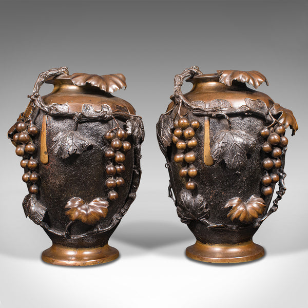Large Pair Of Antique Decorative Vases, Japanese, Bronze, Amphora, Victorian