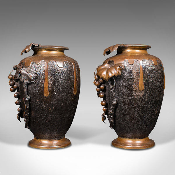 Large Pair Of Antique Decorative Vases, Japanese, Bronze, Amphora, Victorian