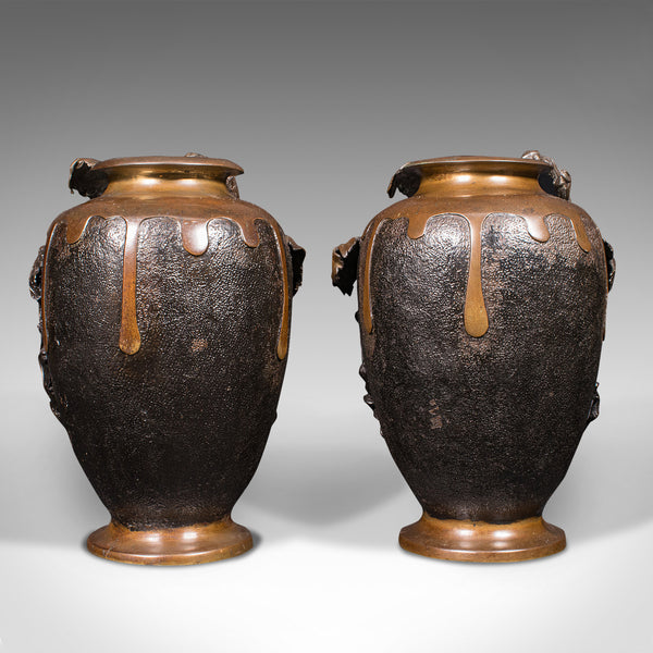 Large Pair Of Antique Decorative Vases, Japanese, Bronze, Amphora, Victorian