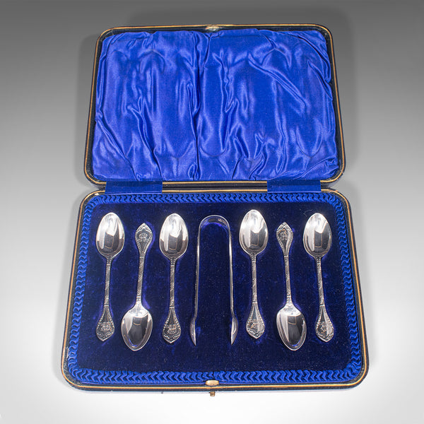 Set Of 6, Antique Tea Spoons, English, Silver, Hallmark, London, Victorian, 1900