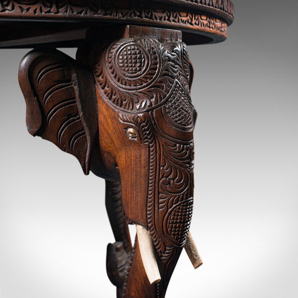 Antique Carved Circular Table, Indian, Teak, Colonial, Campaign, Victorian, 1900