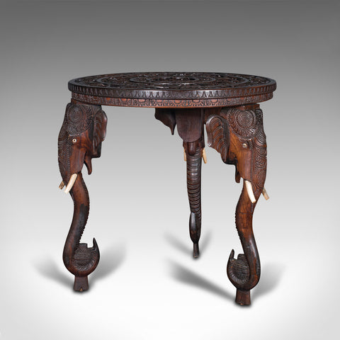 Antique Carved Circular Table, Indian, Teak, Colonial, Campaign, Victorian, 1900