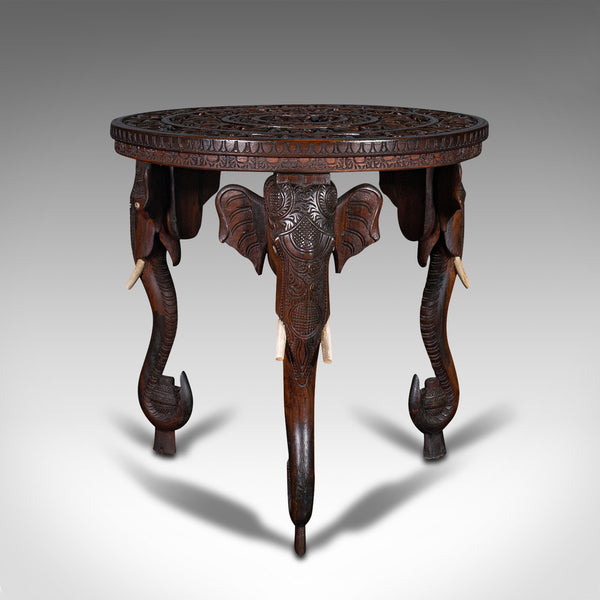 Antique Carved Circular Table, Indian, Teak, Colonial, Campaign, Victorian, 1900