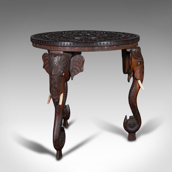 Antique Carved Circular Table, Indian, Teak, Colonial, Campaign, Victorian, 1900