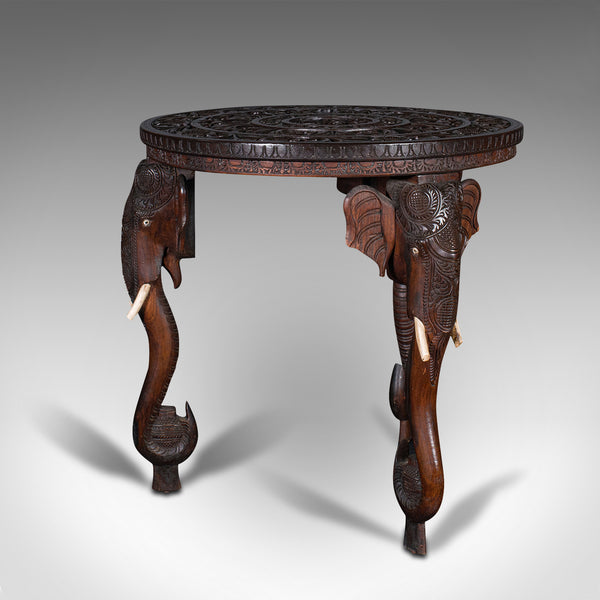 Antique Carved Circular Table, Indian, Teak, Colonial, Campaign, Victorian, 1900