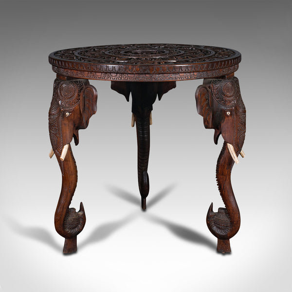 Antique Carved Circular Table, Indian, Teak, Colonial, Campaign, Victorian, 1900
