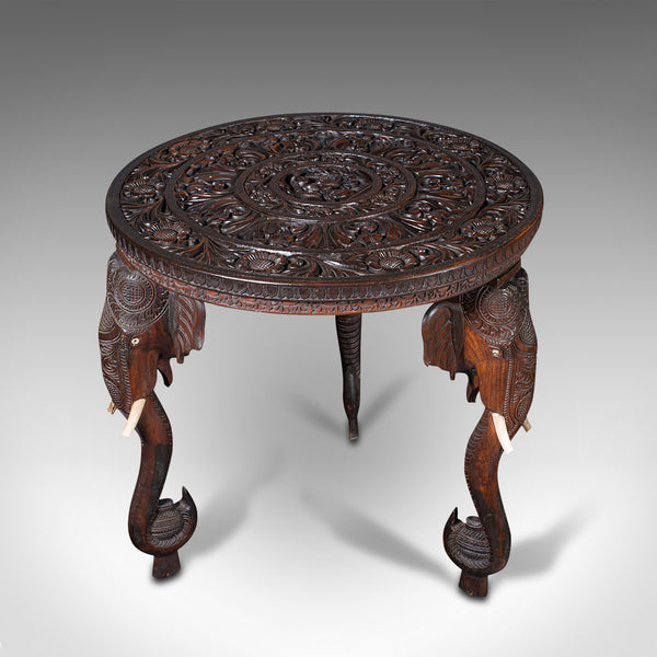 Antique Carved Circular Table, Indian, Teak, Colonial, Campaign, Victorian, 1900