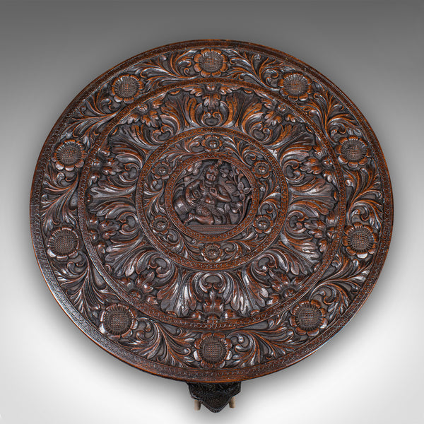 Antique Carved Circular Table, Indian, Teak, Colonial, Campaign, Victorian, 1900
